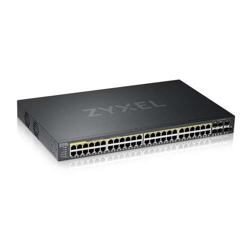 Zyxel GS2220-50HP-EU0101F 44-port Gigabit Ethernet switch with 44 PoE ports, 4 Gigabit combo SFP ports, 2 Gigabit SFP ports, and rackmount design