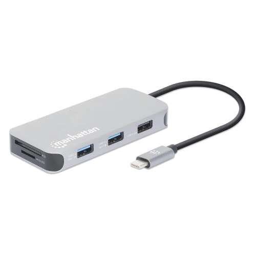 Adaptor Manhattan USB-C la HDMI, Ethernet, cititor de card SD/microSD și 3 porturi USB-A