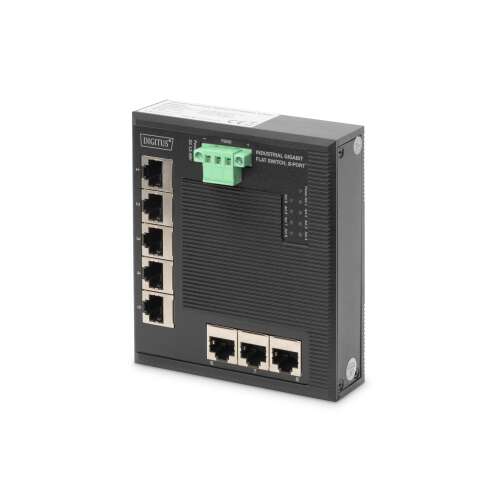 Digitus DN-651127 Gigabit Switch, 8-portový nespravovaný sieťový prepínač, čierny, priemyselnej triedy, montovateľný na DIN lištu