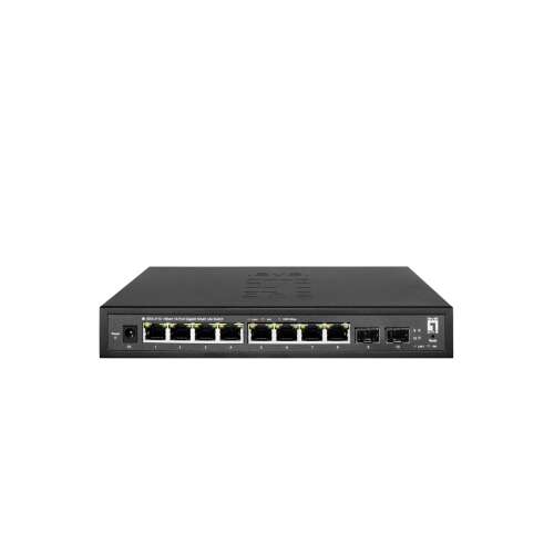 LevelOne GES-2110 Hilbert Gigabit Switch, elülső nézet, 8 Gigabit Ethernet port és 2 Gigabit SFP slot