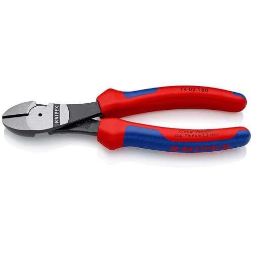 Knipex 74 02 180 erő-kímélő oldalcsípőfogó, piros és kék markolattal, króm-vanádium acél, kovácsolt, olajban edzett, feketére foszfátozott, polírozott fej, többkomponensű markolatokkal