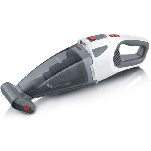 Aspirator de mână fără fir Severin HV 7146, alb și gri, cu accente roșii, vedere înclinată