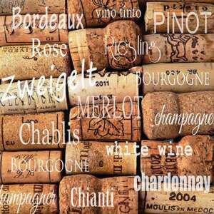 Különböző bornevek, mint például Bordeaux, Pinot, Riesling, Chardonnay, stb. nyomtatott rajta bor dugók - Ambiente