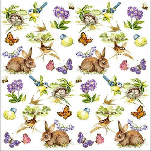 Easter Feeling papírszalvéta nyúl, madár, pillangó és virág mintával, 33x33cm, 20 darabos - Ambiente