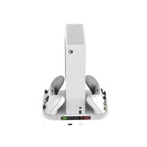 FroggieX FX-XSX-C1-W Xbox Series S Cooling and Charging Stand - White, showing the stand with the console, two controllers, and the charging station - Controller charging station