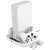 FroggieX FX-XSX-C1-W Xbox Series S Cooling and Charging Stand - White, showing the stand with the console, two controllers, and the charging station