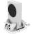 FroggieX FX-XSX-C1-W Xbox Series S Cooling and Charging Stand - White, showing the stand with the console, two controllers, and the charging station