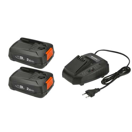 Gardena 14907-20 battery set with two 2.5Ah batteries and a charger