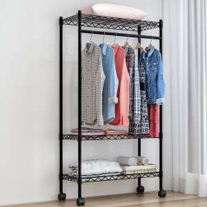 Black metal clothing rack with 3 shelves and wheels, Verdone K185_90 - Clothing Rack