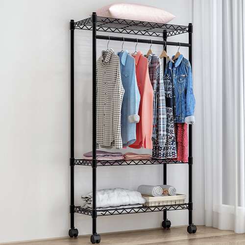 Black metal clothing rack with 3 shelves and wheels, Verdone K185_90