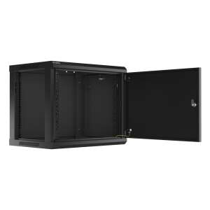 Szafa rackowa Lanberg 19-calowa do montażu na ścianie, 9U, 600x450mm, czarna, otwarte drzwi - Szafa rack