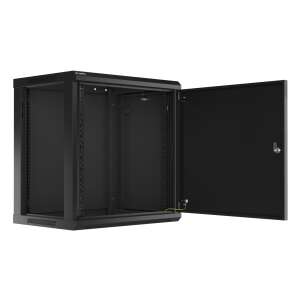 Szafa rackowa Lanberg 19 cali, montaż naścienny, 12U, 600x450mm, czarna, otwarte drzwi - Szafa rack