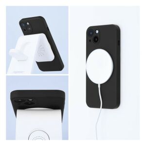 Колаж: Черен силиконов калъф MagSafe за iPhone, зареждащ се безжично - OEM Телефонни контакти