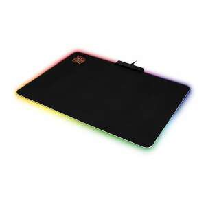 Tt eSports DRACONEM RGB Gaming Mousepad, black cloth mousepad with RGB lighting, angled view - Thermaltake