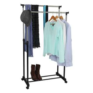 Oliver K150_80 clothes rack, black, double rail, with wheels, metal frame, clothes hanging on it - Clothing Rack