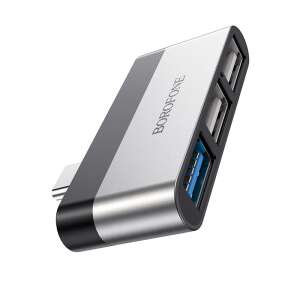 Borofone DH1 USB-C 3 USB adapter, ezüst és fekete, ferde nézet - Borofone