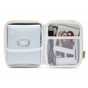 Fujifilm Instax Square Link nyomtató tok, bézs, nyitott nézet nyomtatóval és tartozékokkal - Fényképezőgép táska & tok