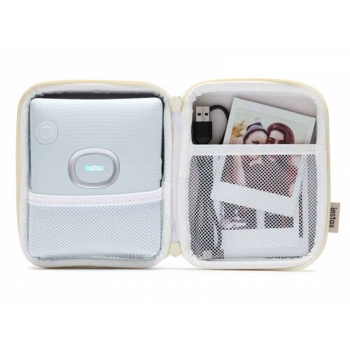 Fujifilm Instax Square Link nyomtató tok, bézs, nyitott nézet nyomtatóval és tartozékokkal