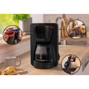 Cafenieră Bosch MyMoment TKA 2M113, negru cu accente roșii, colaj care prezintă caracteristicile și utilizarea - Aparat de cafea cu filtru