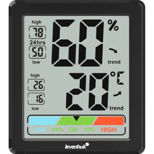 Levenhuk Wezzer BASE L20 digitális beltéri hőmérő és páratartalom-mérő, méri a hőmérsékletet és a páratartalmat, megjeleníti a komfort szintet