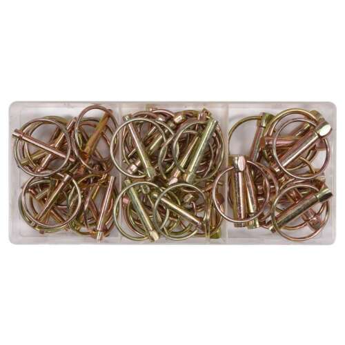 YATO 50 piece spring cotter pin set, assorted sizes, in a clear plastic storage box
