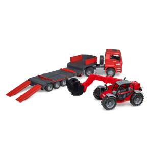 Camion Bruder MAN TGA cu remorcă și încărcător telescopic, camion roșu de jucărie cu remorcă și încărcător telescopic Manitou MT633 - Maşinuţe