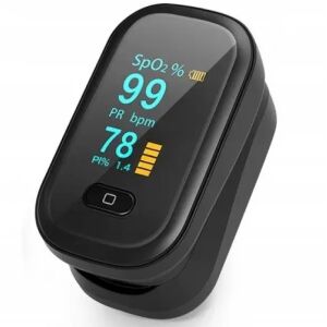 Angled view of Oromed Oro-Oximeter black pulse oximeter with digital display - Pulse oximeter