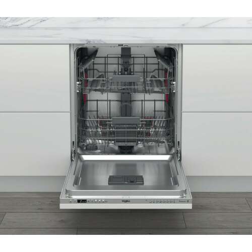 Whirlpool WI 7020 P beépíthető mosogatógép, nyitott ajtó, mindkét kosár edényekkel, oldalnézet