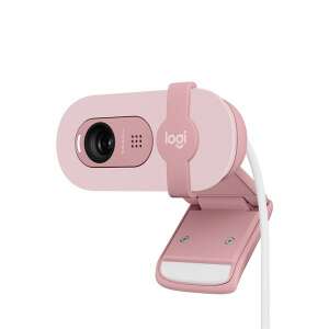 Logitech Brio 100 FullHD webcam in pink, angled view - Peripheral