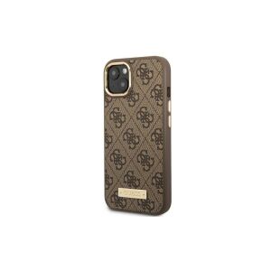 Angled view of Guess iPhone 14 Pro brown 4G logo MagSafe case - Guess