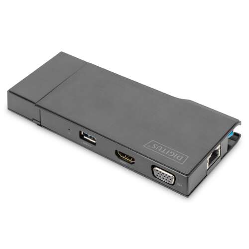 Digitus DA-70894 USB-C univerzális utazási dokkoló, nyitott, bemutatva a portokat, fekete