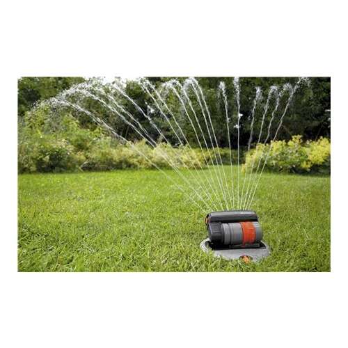 Gardena 8221-20 pop-up sprinkler system in use, watering a lawn