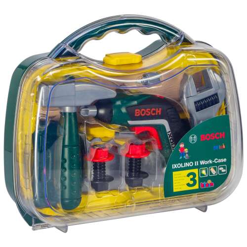 Bosch Ixolino II zabawkowy zestaw narzędzi w walizce, zielona i żółta plastikowa walizka z narzędziami w środku, zabawka dla dzieci