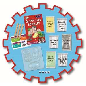 Galt STEM Slimy Lab, slime kit contents, glow in the dark slime powder, metallic slime powder, color changing slime powder, slime mold, googly eyes, sticks for mixing, stickers, instructions booklet - Galt
