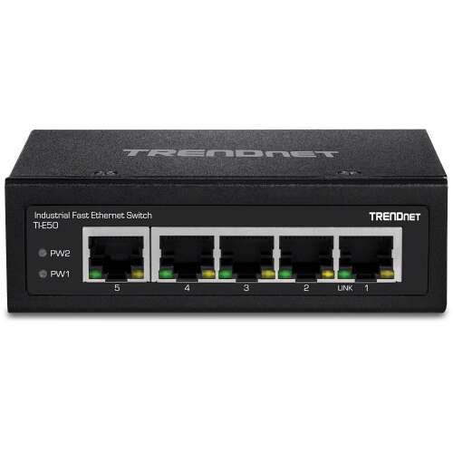TRENDnet TI-E50 Przemysłowy szybki przełącznik Ethernet, 5-portowy, czarny, widok z przodu