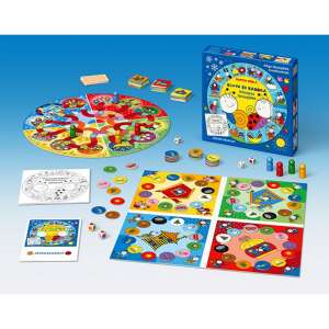 Bogyó és Babóca Hónapos Brettspiel, das Spielbrett ist ausgelegt mit allen Teilen, zeigt die verschiedenen Spielbretter und Spielsteine - Keller&Mayer