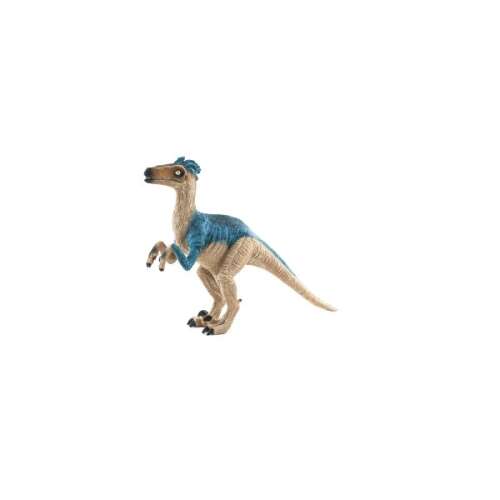Mojo Velociraptor dinoszaurusz figura, kék és barna színben, fehér háttér előtt áll