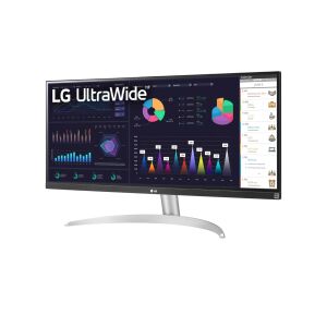 LG 29WQ600-W 29 hüvelykes UltraWide monitor ferde nézetben grafikonokkal és adatokkal - Monitor
