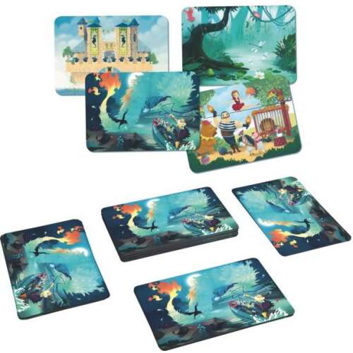 Cartonașe pentru jocul de societate Difference pentru familie, cu un dragon, un castel, o mlaștină și un circ