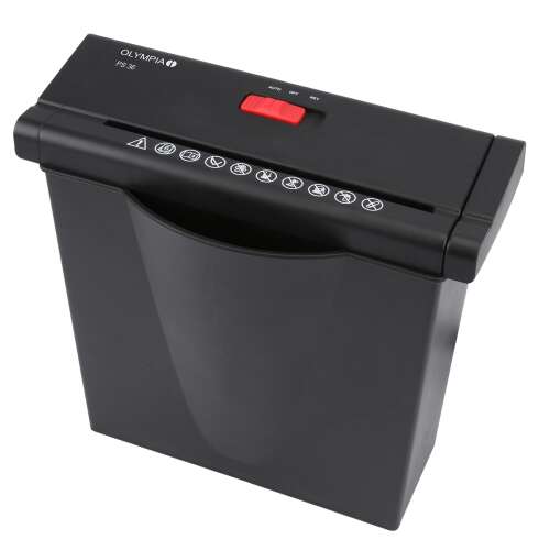 Distrugător de documente Olympia PS 36, negru, tăiere în fâșii de 7 mm, nivel de securitate P2, capacitate de 6 coli, coș de gunoi de 7 L