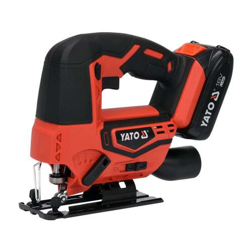 YATO 18V akkus dekopírfűrész, piros és fekete, akkumulátorral és pengével