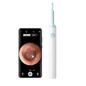 Aisee Pro earwax removal tool with camera, showing the ear canal on a smartphone screen and the device itself - Cotton Swab, Cotton Pad