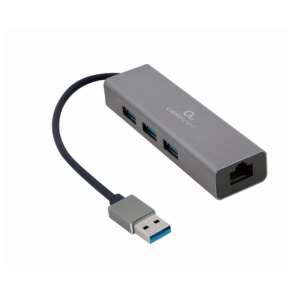 Gembird USB AM Gigabit Adapter sieciowy z 3-portowym koncentratorem USB 3.0, Szary, A-AMU3-LAN-01 - Koncentrator USB