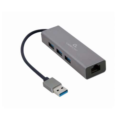 Adaptor de rețea Gigabit USB AM Gembird cu hub USB 3.0 cu 3 porturi, Gri, A-AMU3-LAN-01