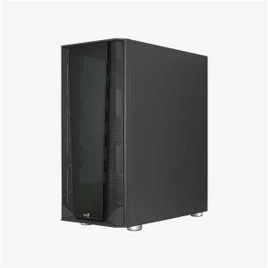 AeroCool Prism V1 schwarzes Computergehäuse, schräge Ansicht - Aerocool