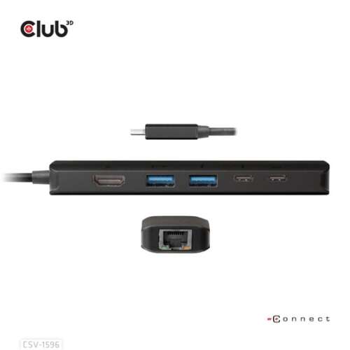 Club 3D CSV-1596 USB Gen1 Type-C 6-в-1 Hub с HDMI™8K30Hz-4K120Hz, 2xUSB Type-A, RJ45 и 2xUSB Type-C, 100 вата данни и PD зареждане