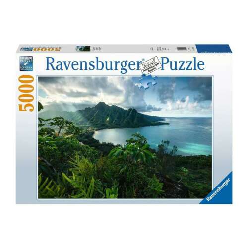 Ravensburger Hawaii 5000-dielna skladačka, zobrazujúca krásnu tropickú krajinu s horami, oceánom a bujnou zeleňou
