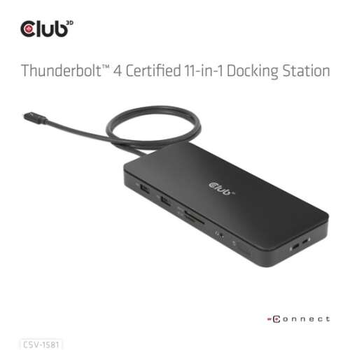 Club 3D CSV-1581 Thunderbolt 4 11-in-1 Docking Station, schräge Ansicht, zeigt alle Anschlüsse und Verbindungen