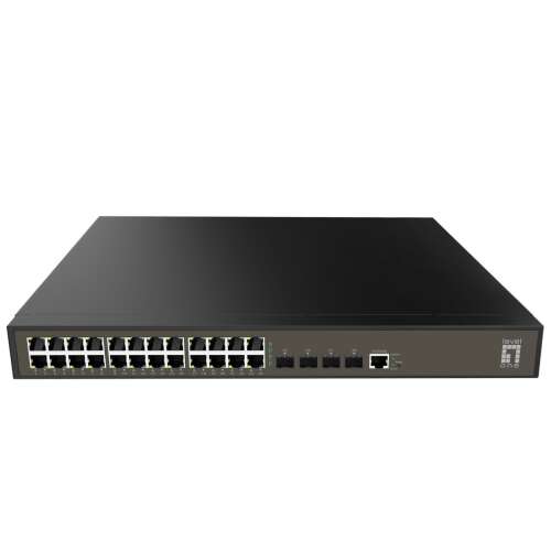 LevelOne GEL-2871 Gigabit Switch elülső nézet 24 RJ45 porttal és 4 SFP foglalattal