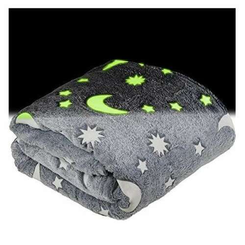 Szürke sötétben világító csillagos és holdas pléd, 100 x 100 cm